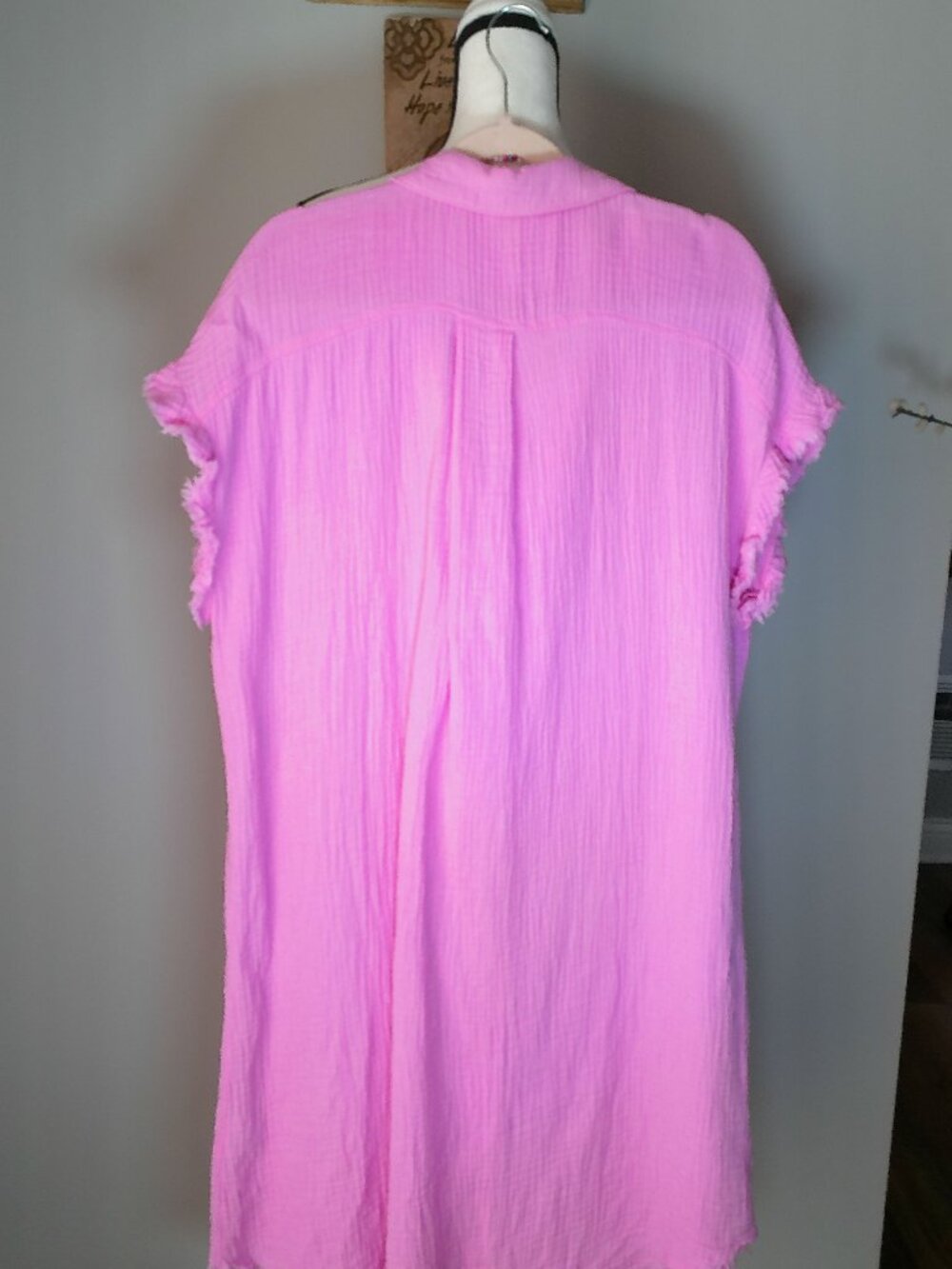 UMGEE USA Slveless Collared Button Down 100% Cotton Pink Mini Dress w/Raw Hems L - Picture 3 of 7
